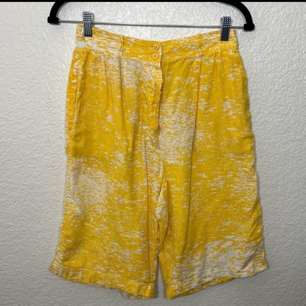 Vintage 80’s Valentino Swimwear Cotton Linen Yellow White Bermuda Shorts Size 12 - Picture 14 of 14